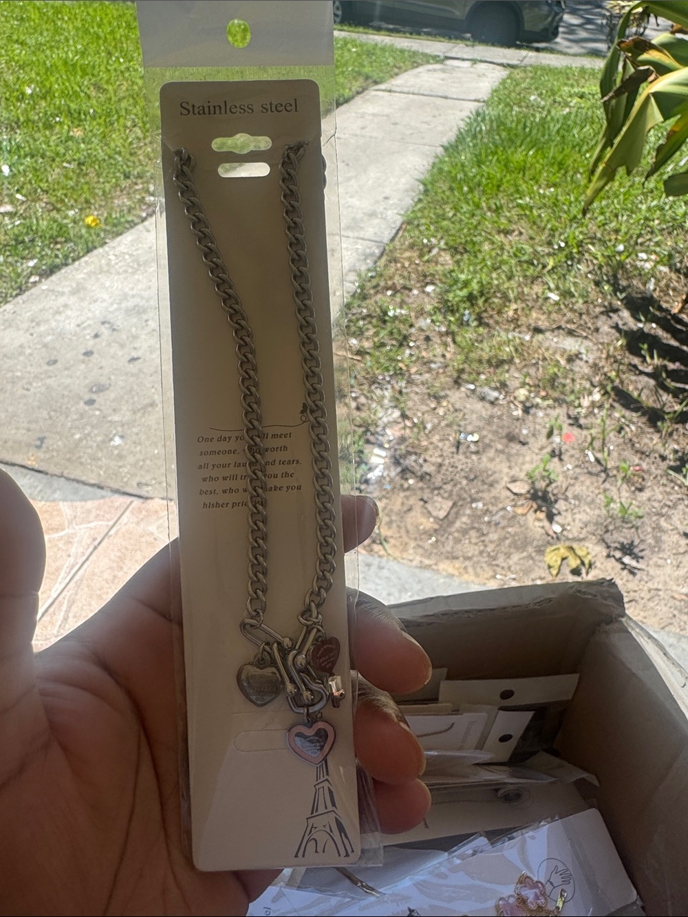 Stainless Steel Heart & Eiffel Tower Charm Necklace - Silver